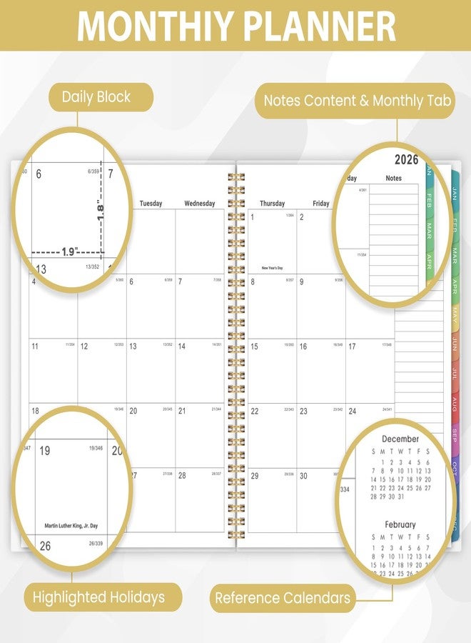 Tersus 2026 Monthly Planner - Monthly Calendar 2026, 8'' x 10'', Transparent PP Cover, Colorful 12 Months Tabs, JAN 2026-DEC 2026, 2026 Calendar Planner with 2-Sides Pockets - Off white - Image 3