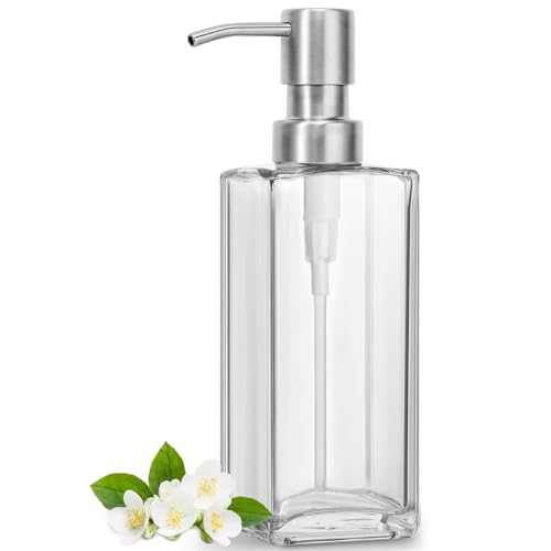 GMISUN Glass Soap Dispenser with Stainless Steel Pump Clear Hand Soap Dispenser for Bathroom 12 fl oz350ml Dish Dispensers for Kitchen Modern Refillable Liquid Soap Lotion Bottle for Countertop - Image 1