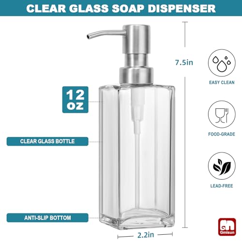 GMISUN Glass Soap Dispenser with Stainless Steel Pump Clear Hand Soap Dispenser for Bathroom 12 fl oz350ml Dish Dispensers for Kitchen Modern Refillable Liquid Soap Lotion Bottle for Countertop - Image 3