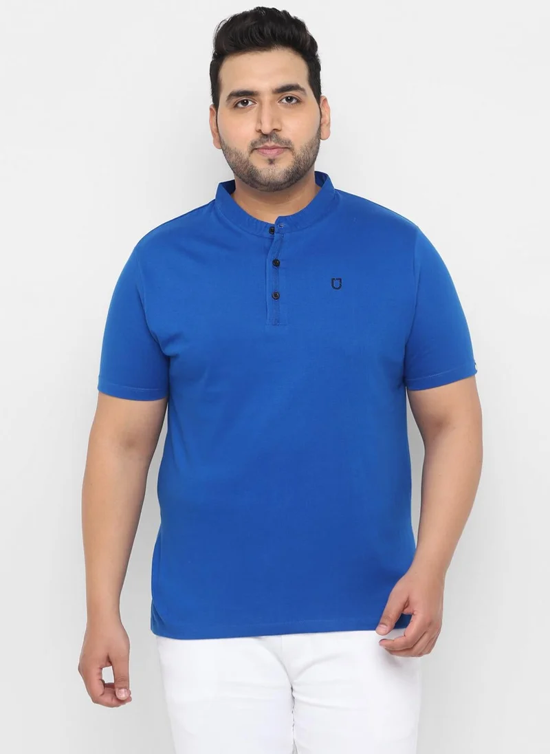 Urbano Plus Men's Royal Blue Solid Mandarin Collar Regular Fit Cotton T-Shirt