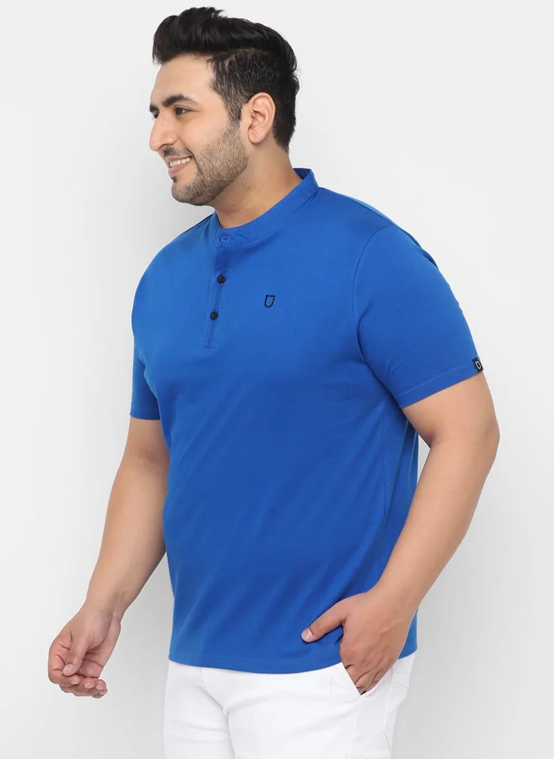 Urbano Fashion  Urbano Plus Men's Royal Blue Solid Mandarin Collar Regular Fit Cotton T-Shirt for Men | Best Price UAE