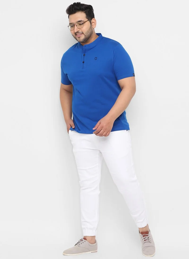 Urbano Fashion  Urbano Plus Men's Royal Blue Solid Mandarin Collar Regular Fit Cotton T-Shirt for Men | Best Price UAE