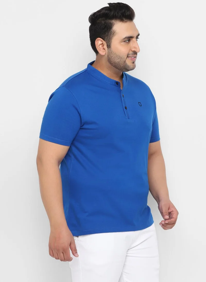 Urbano Fashion  Urbano Plus Men's Royal Blue Solid Mandarin Collar Regular Fit Cotton T-Shirt for Men | Best Price UAE