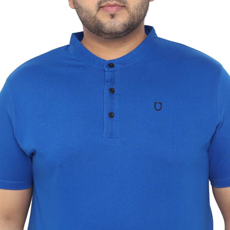 Urbano Fashion  Urbano Plus Men's Royal Blue Solid Mandarin Collar Regular Fit Cotton T-Shirt for Men | Best Price UAE