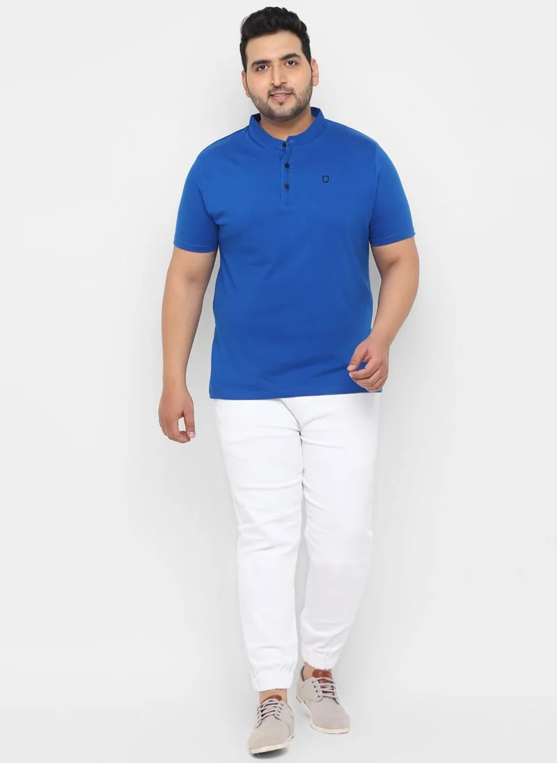 Urbano Fashion  Urbano Plus Men's Royal Blue Solid Mandarin Collar Regular Fit Cotton T-Shirt for Men | Best Price UAE