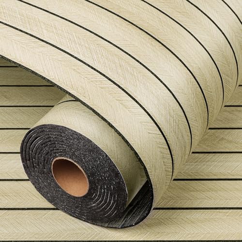 LACHEERY Herringbone Wood Slat Wall Panels for Interior Wall Decor Peel and Stick Fluted Wooden Panels for Living Room Bedroom Walls Beige Wood Slat Panel Roll Self Adhesive Foam PVC Slats 11.8"x79" - Image 1