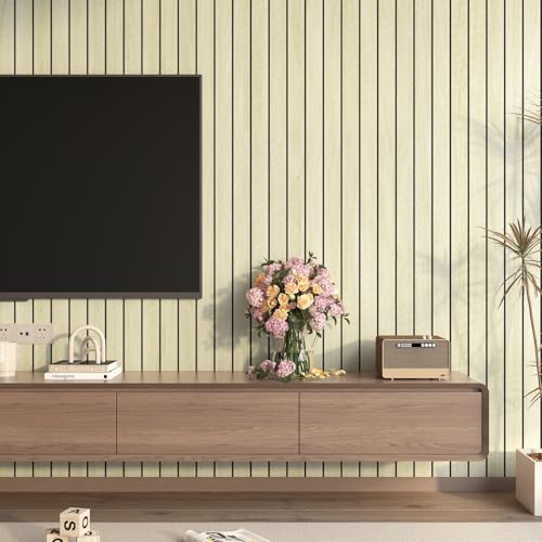 LACHEERY Herringbone Wood Slat Wall Panels for Interior Wall Decor Peel and Stick Fluted Wooden Panels for Living Room Bedroom Walls Beige Wood Slat Panel Roll Self Adhesive Foam PVC Slats 11.8"x79" - Image 4