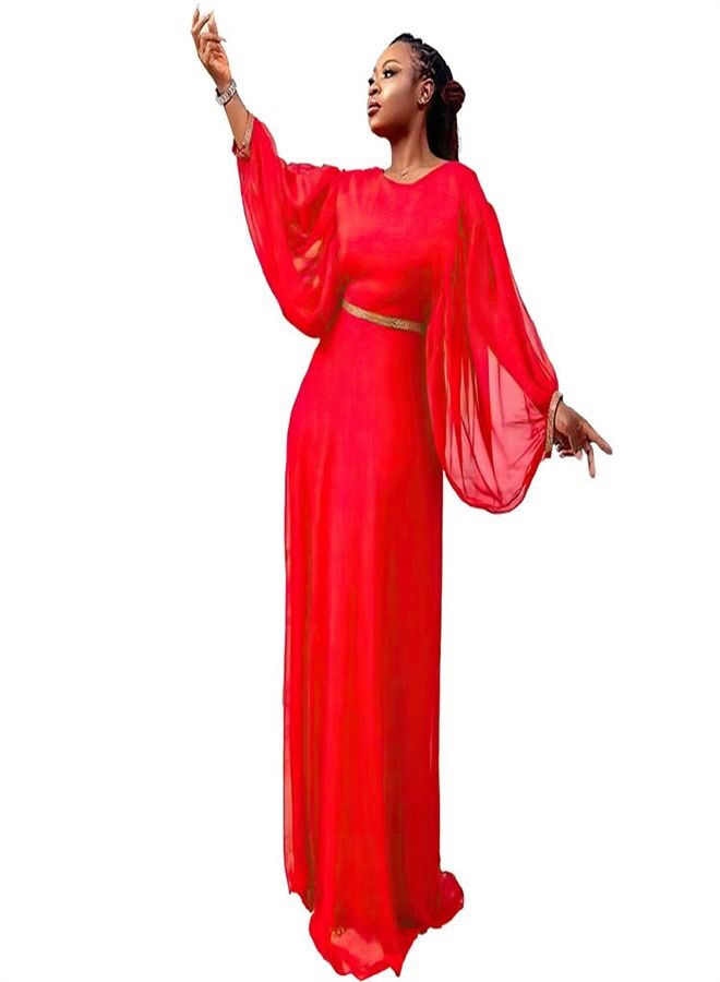 Loquat Lantern Long Sleeve Round Neck Chiffon Dress Red  - Image 1