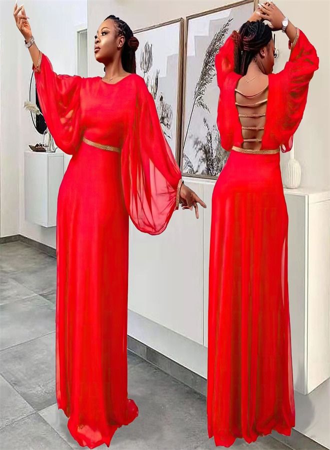 Loquat Lantern Long Sleeve Round Neck Chiffon Dress Red  - Image 2
