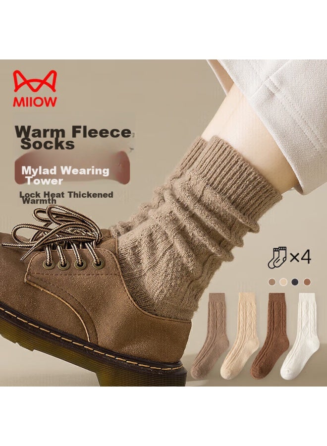 MIIOW Miiow Women's Socks, Autumn And Winter, Fleece-lined, Thickened, Antibacterial, Warm, Ribbed Floor Socks, Mid-calf Socks, 4 Pairs - Image 1