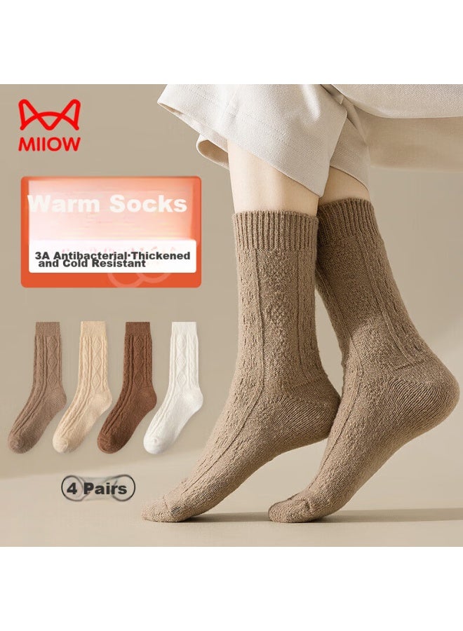 MIIOW Miiow Women's Socks, Autumn And Winter, Fleece-lined, Thickened, Antibacterial, Warm, Ribbed Floor Socks, Mid-calf Socks, 4 Pairs - Image 3