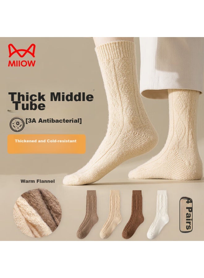 MIIOW Miiow Women's Socks, Autumn And Winter, Fleece-lined, Thickened, Antibacterial, Warm, Ribbed Floor Socks, Mid-calf Socks, 4 Pairs - Image 5