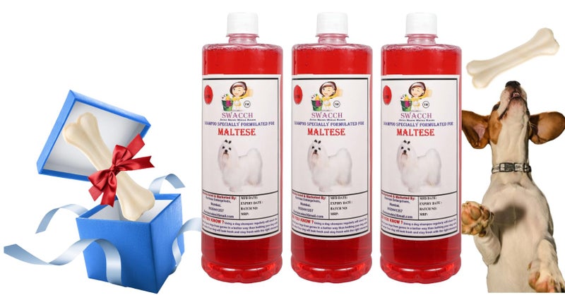swacch Shampoo | Puppy Safe Shampoo | Maltese Dog Shampoo (1 Litre) (Pack of 3) Strawberry + Large White Bone | Dog Chew Bones | Teething chew Toy | Dental Teething |Combo Pack - Image 1