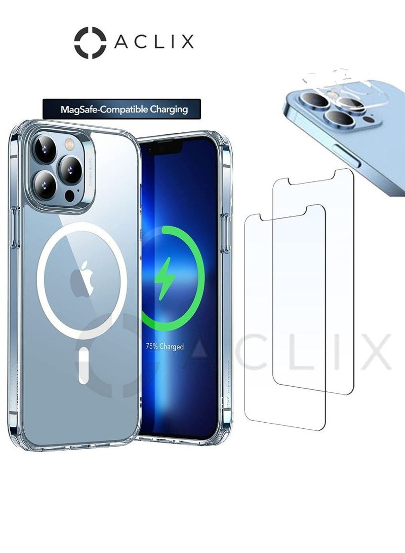 ACLIX 4in1 Shockproof Magsafe-Compatible Charging Case with 3D Tempered Glass Screen Protector & Camera Lens For Iphone 14 ProMax Clear