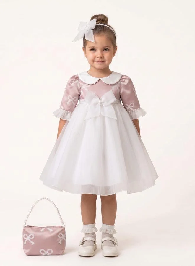 فيا بامبينو White & Mauve Bow-Print Peter Pan Collar Dress 3385