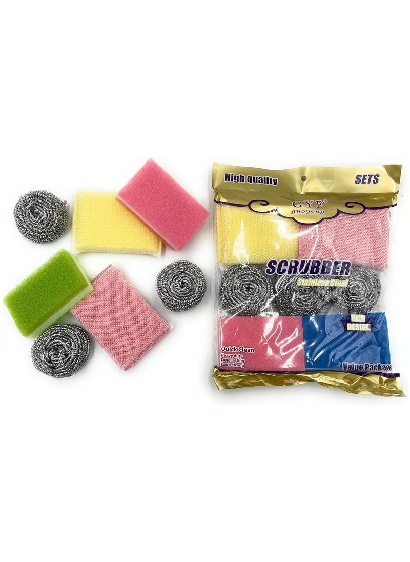 VIO Stainless Steel Cleaning Ball Plastic Scrubber Cleaning Sponge Scourer Set for Bowls Stove Sink Pot Pans Counter Grease Grime Residue Descaling Multipurpose Home Kitchen Use 7 PC (Multicolor)  - Image 2
