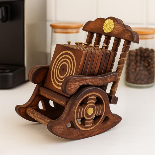 Kundi Wooden Antique Miniature Chair Shape Coaster Set | 6 Drink Coasters for Tea, Coffee, Hot & Cold Beverages | Tabletop Decor for Kitchen, Dining, Office & Restaurant - Image 1