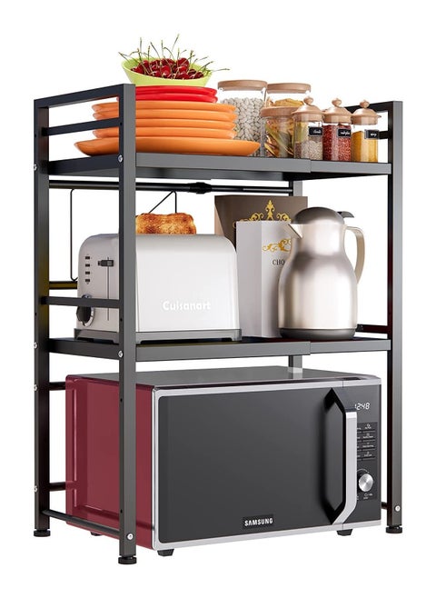 Microwave Oven Rack with 6 Hook Expandable Microwave Shelf for Kitchen Counter Microwave Stand Countertop Organizer for Kitchen Counter (Double Layer)