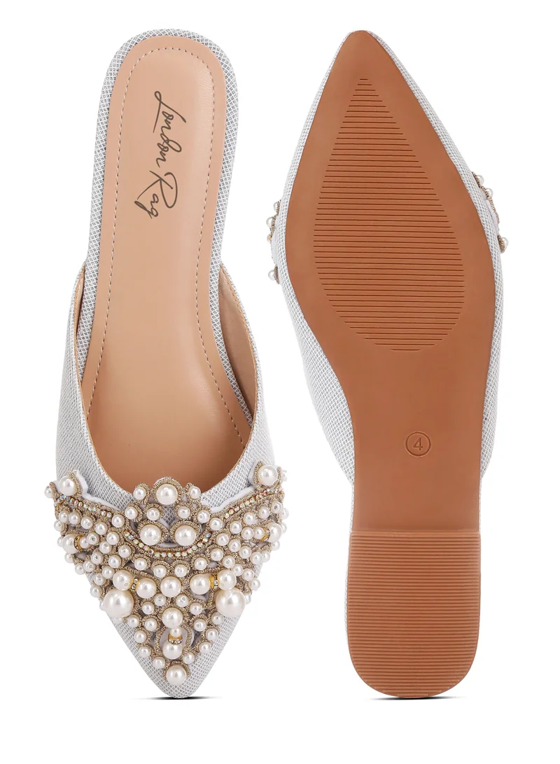 London Rag Embellished delicate pearl Mules in Silver