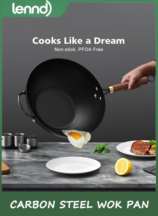 LENND Nonstick Wok, 34cm Carbon Steel Wok Pan with Glass Cover, Woks & Stir-Fry Pans for Induction, Electric, Gas, Halogen, All Stoves - Image 3