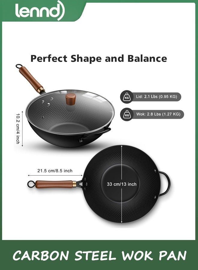 LENND Nonstick Wok, 34cm Carbon Steel Wok Pan with Glass Cover, Woks & Stir-Fry Pans for Induction, Electric, Gas, Halogen, All Stoves - Image 2