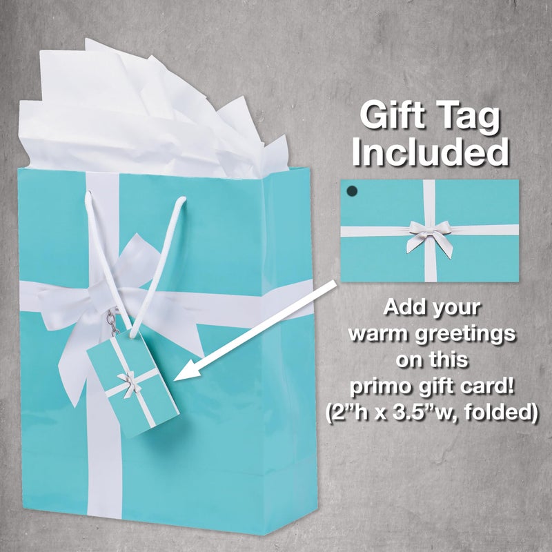 Havercamp Turquoise Big Paper Gift Bag With Tissue Paper  Printed Satin Bow  Heart Locket  Rope Handles  Gift Tag (10In X 12In X 4.25In). - Image 5