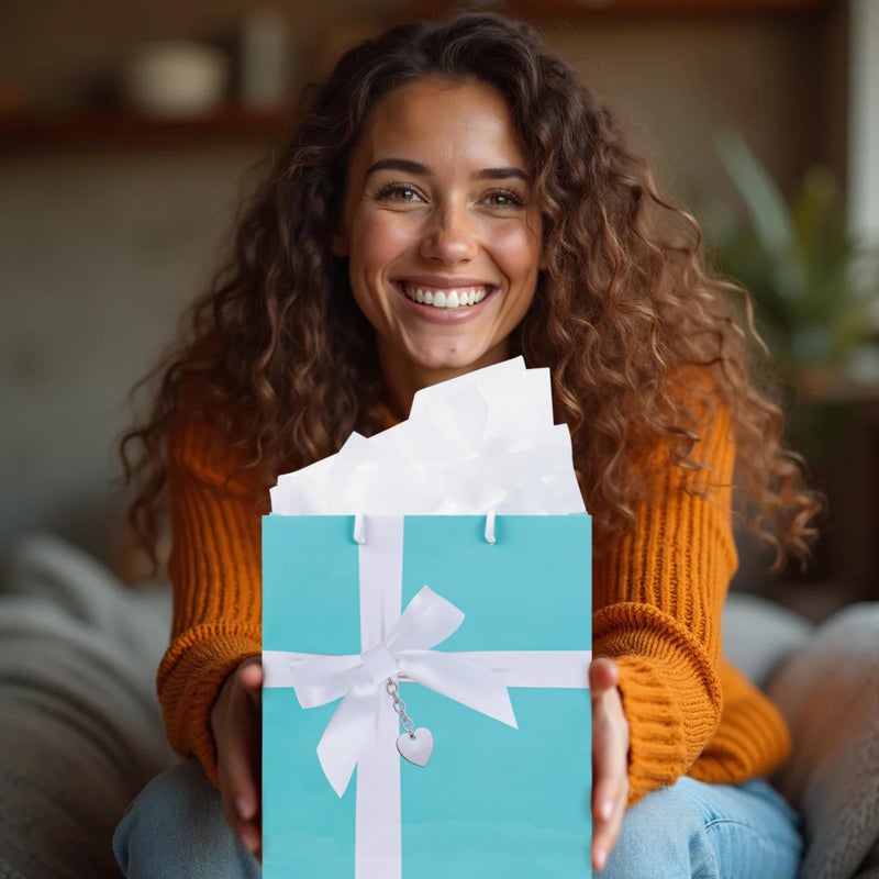 Havercamp Turquoise Big Paper Gift Bag With Tissue Paper  Printed Satin Bow  Heart Locket  Rope Handles  Gift Tag (10In X 12In X 4.25In). - Image 2