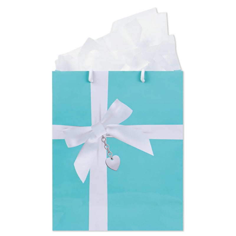 Havercamp Turquoise Big Paper Gift Bag With Tissue Paper  Printed Satin Bow  Heart Locket  Rope Handles  Gift Tag (10In X 12In X 4.25In). - Image 1