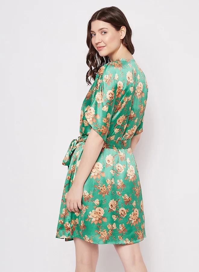 Clovia Clovia Pretty Florals Short Night Dress & Robe Set in Green - Satin