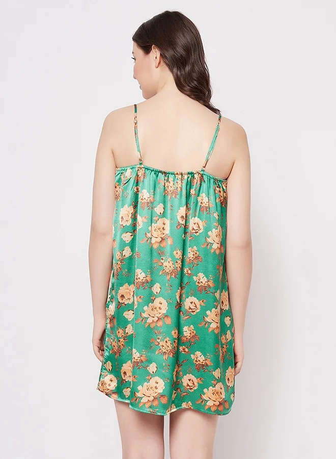 Clovia Clovia Pretty Florals Short Night Dress & Robe Set in Green - Satin
