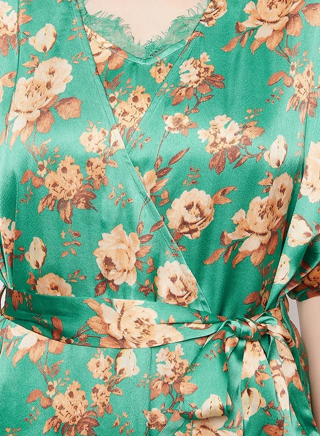 Clovia Clovia Pretty Florals Short Night Dress & Robe Set in Green - Satin