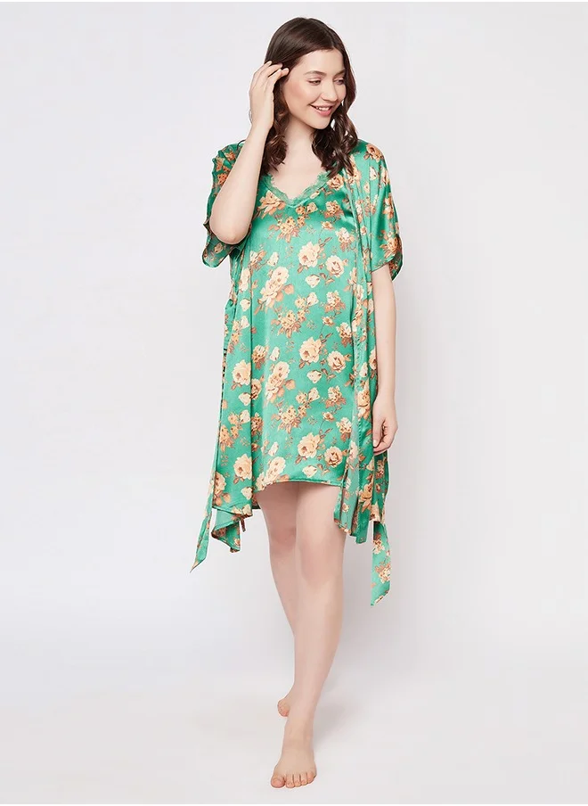 كلوفيا Clovia Pretty Florals Short Night Dress & Robe Set in Green - Satin