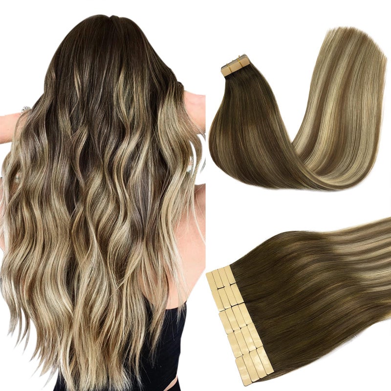 DOORES Tape in Hair Extensions Human Hair Ombre Ash Brown to Platinum Blonde 18 Inch 20pcs 50g Human Hair Extensions Tape in Skin Weft Remy - Image 1
