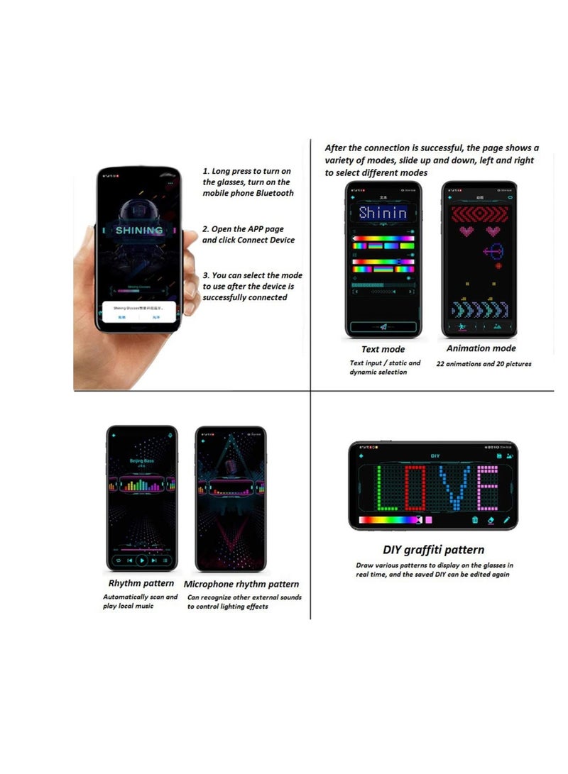 SOLARAE Customizable Full Color Shining Glasses, Programmable Bluetooth 4.0 RGB Fullcolor Glowing LED Glasses, USB Rechargeable Future Style LED Light Up Glasses (full color) - Image 3