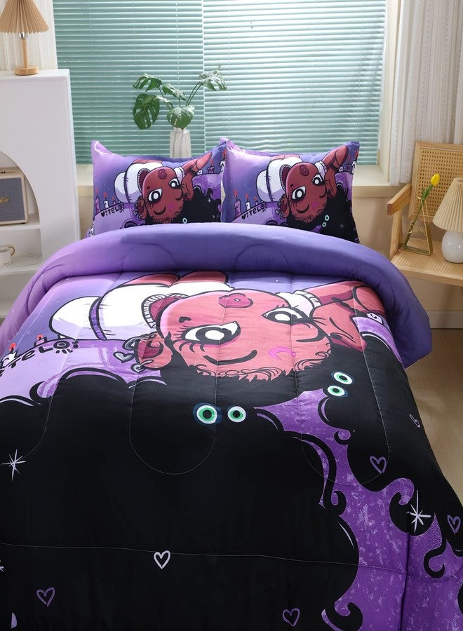 Suncloris African American Black Girls Comforter Set for Kids and Adults, Twin Size Purple Hair Girl Bedding Comforter with 2 Cute Little Afro Girl Patterned Pillowcases - 68" x 86" - Image 3