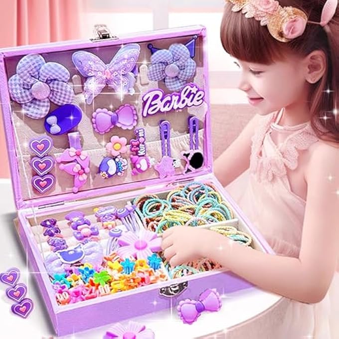 Barbie GIRLS HAIR ACCESSORIES SET, GIRLS HAIR DRESS UP KIT WITH JEWELRY BOX, HAIR TIES, HAIR CLIPS, PRINCESS DRESS UP TOYS DELUXE SET, GIFT TOYS FOR AGE 3 4 5 6 7 8 9 10 GIRLS KIDS TODDLERS (PURPLE) - Image 1