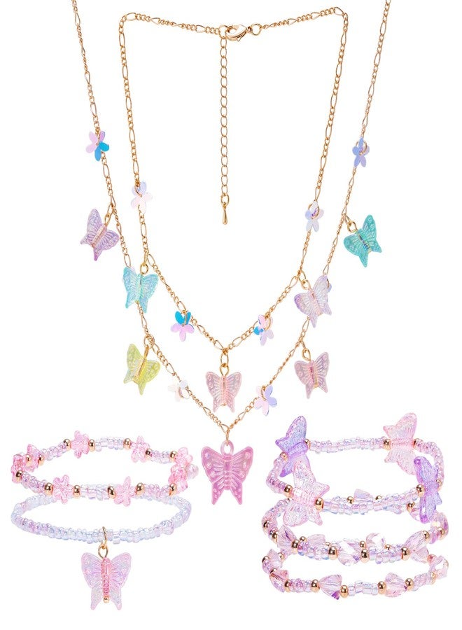 PinkSheep Butterfly Flower Necklace Bracelet for Girl Women Butterfly Jewelry 7PC Choker Necklaces Bracelet Cute Necklaces Beaded Necklace Bracelets Girl Gift - Image 1