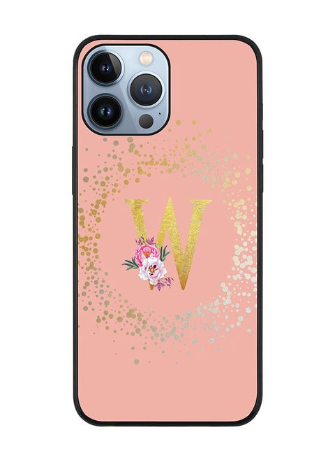 Rugged Black edge case for Apple iPhone 13 Pro Max Slim fit Soft Case Flexible Rubber Edges TPU Gel Thin Cover - Custom Monogram Initial Letter Floral Pattern Alphabet - W (Rose Pink)