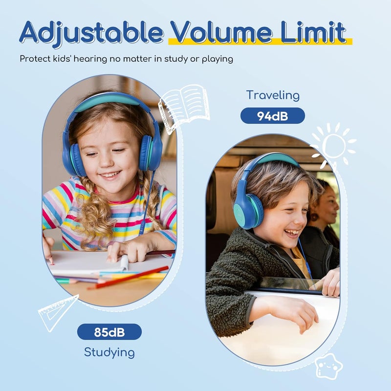 EarFun سماعات أذن للأطفال مع ميكروفون للأولاد/البنات، سماعات سلكية عالية الدقة فوق الأذن للأطفال، محدد حجم 85/94 ديسيبل، منفذ مشاركة، سماعات قابلة للطي للأذن للمدرسة/اللوحة/الكمبيوتر/السفر، زرقاء - Image 5