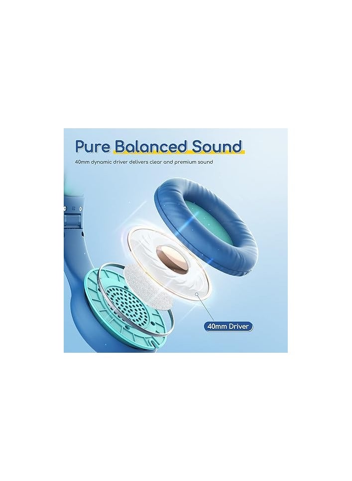 EarFun سماعات أذن للأطفال مع ميكروفون للأولاد/البنات، سماعات سلكية عالية الدقة فوق الأذن للأطفال، محدد حجم 85/94 ديسيبل، منفذ مشاركة، سماعات قابلة للطي للأذن للمدرسة/اللوحة/الكمبيوتر/السفر، زرقاء - Image 3