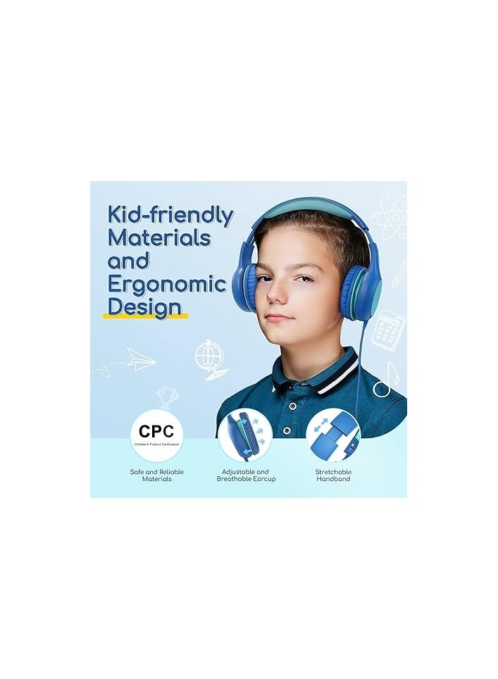 EarFun سماعات أذن للأطفال مع ميكروفون للأولاد/البنات، سماعات سلكية عالية الدقة فوق الأذن للأطفال، محدد حجم 85/94 ديسيبل، منفذ مشاركة، سماعات قابلة للطي للأذن للمدرسة/اللوحة/الكمبيوتر/السفر، زرقاء - Image 4