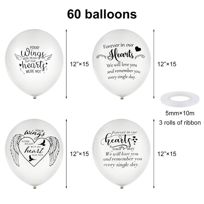 Chenkaiyang 60 Pcs Memorial Balloons 12 Inch White Latex Balloons with Ribbons for Memorial Day Funeral Decoration Wing - Image 4