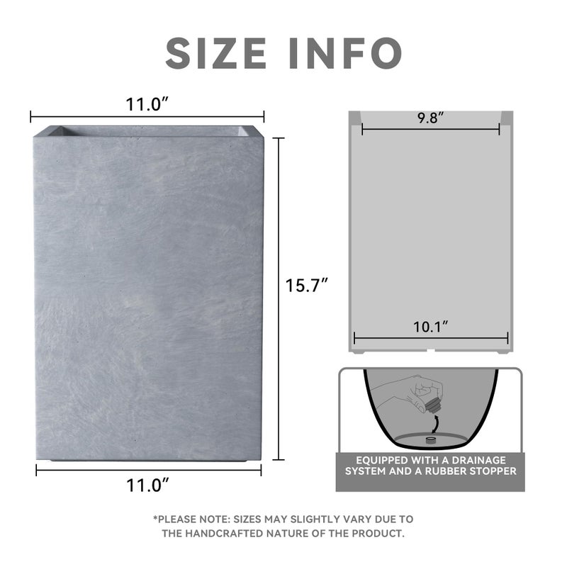 Kante 15.7" H Tall Rectangular Concrete Planters, Outdoor Indoor Lightweight Plant Pots with Drainage Hole and Rubber Plug, Modern Style for Home Garden Patio, Slate Gray - Image 2