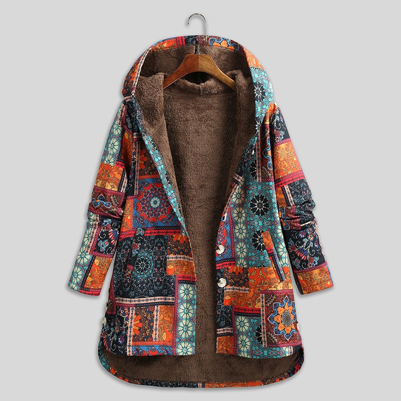 Retro Overcoat: Orange Size S, Fine Fabric Comfortable Wear, Floral Print Vintage Style - Hooded Neck Long Sleeves, Fleece Lined Warm Single Breasted Overcoat for Cold Weather Daily Wear - Image 1