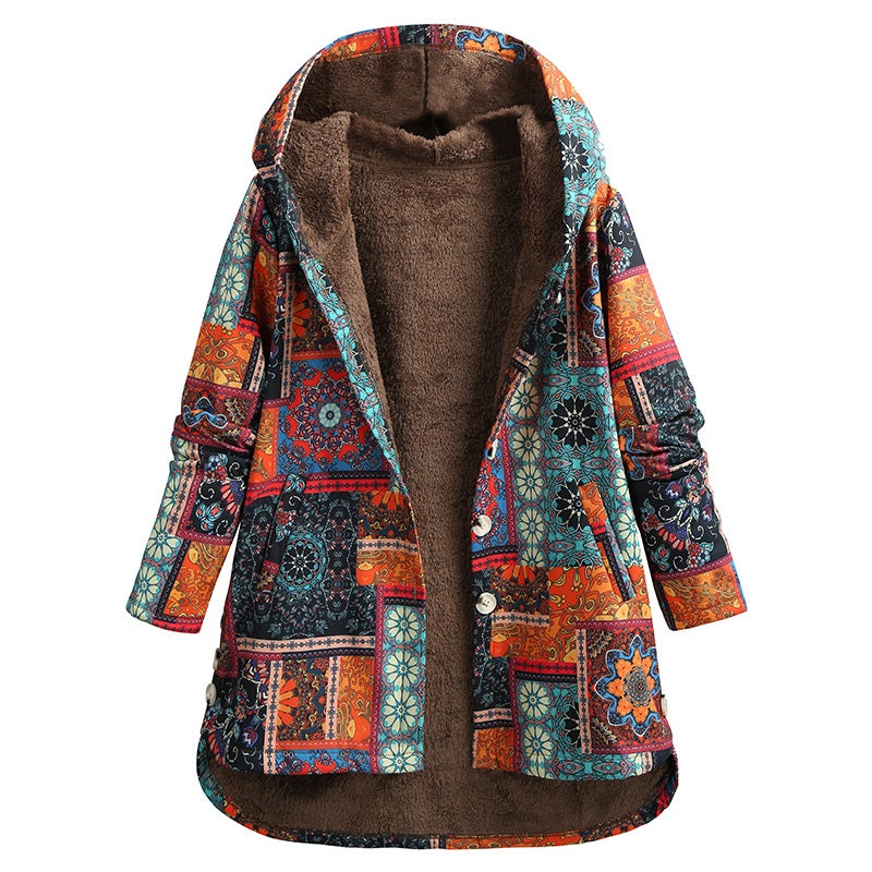 Retro Overcoat: Orange Size S, Fine Fabric Comfortable Wear, Floral Print Vintage Style - Hooded Neck Long Sleeves, Fleece Lined Warm Single Breasted Overcoat for Cold Weather Daily Wear - Image 5