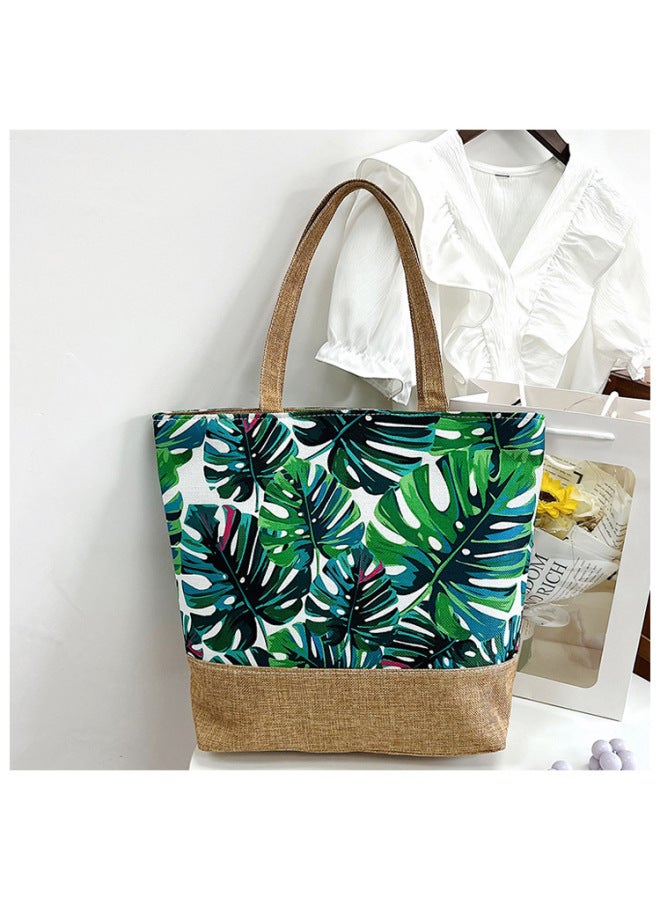 Fashion Canvas Bag Style National Style Artistic Women's Shoulder Bag Simple Tote Bag Large Capacity Women's Portable Shopping Bag-Color:Green And Blue Leaflets - Image 1