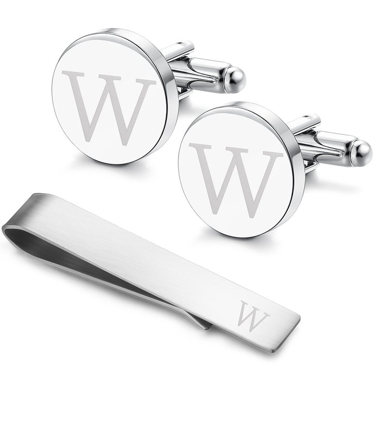 LOYALLOOK Classic Engraved Initial Cufflinks and Tie Clip Bar Set Alphabet Letter Formal Business Wedding Shirts W - Image 1