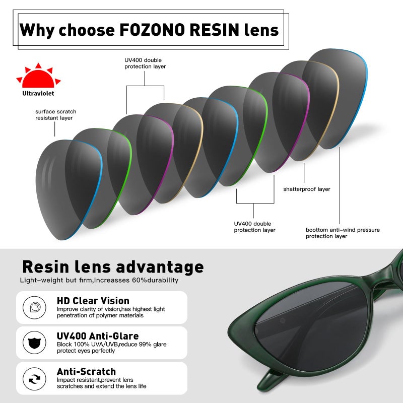 Fozono Retro Vintage Narrow Cat Eye Sunglasses for Women 90s Small Chic Style Trendy Sunnies UV400 Protection FZN7514 (Green/Grey) - Image 5