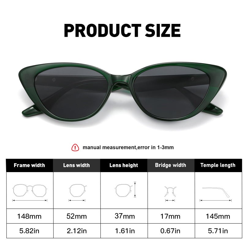 Fozono Retro Vintage Narrow Cat Eye Sunglasses for Women 90s Small Chic Style Trendy Sunnies UV400 Protection FZN7514 (Green/Grey) - Image 4