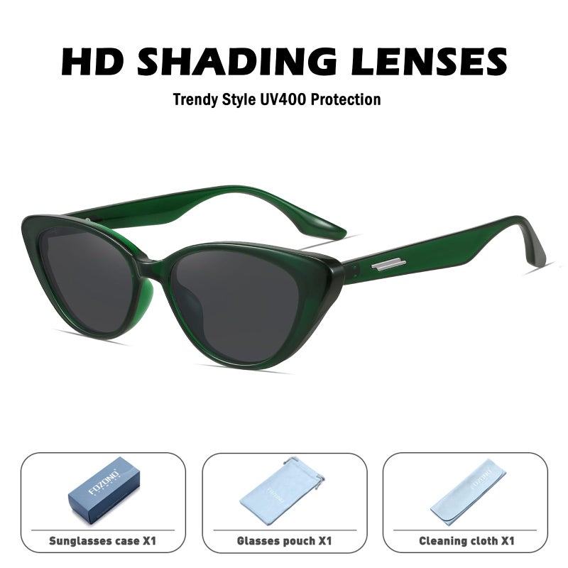 Fozono Retro Vintage Narrow Cat Eye Sunglasses for Women 90s Small Chic Style Trendy Sunnies UV400 Protection FZN7514 (Green/Grey) - Image 2